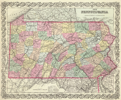 Historic State Map - Pennsylvania - Colton 1856 - 28 x 23 - Vintage Wall Art