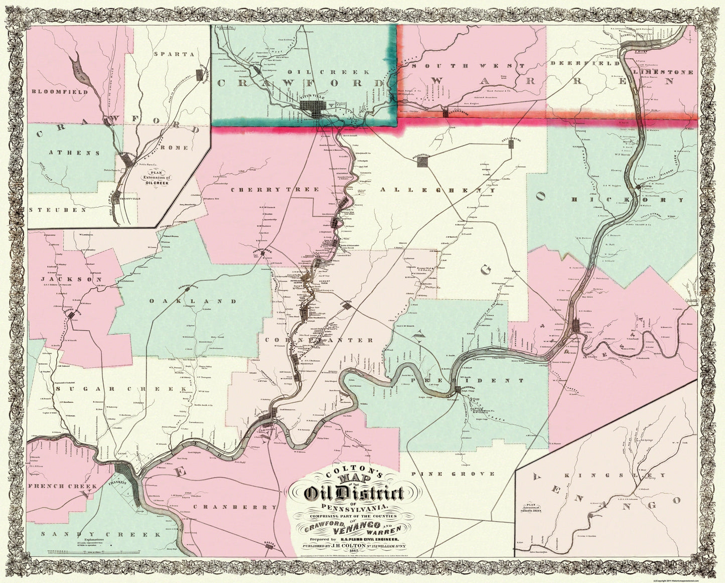 Historic State Map - Pennsylvania County Oil Districts - Colton 1865 - 28 x 23 - Vintage Wall Art