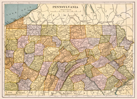 Historic State Map - Pennsylvania - Hammond 1903 - 31.61 x 23 - Vintage Wall Art