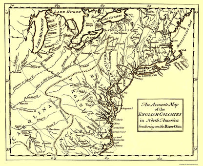 Historic Revolutionary War Map - English Colonies Bordering Ohio River - 1750 - 23 x 39 - Vintage Wall Art