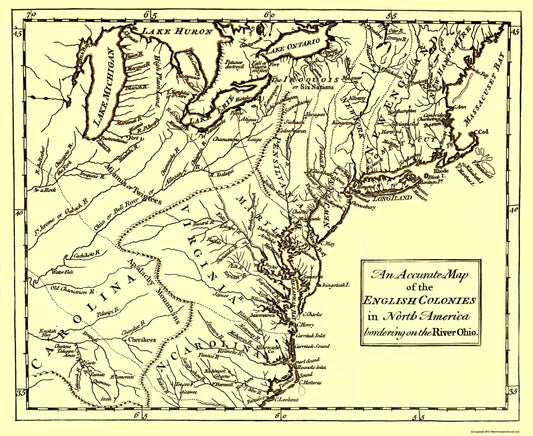 Historic Revolutionary War Map - English Colonies Bordering Ohio River - 1750 - 23 x 39 - Vintage Wall Art