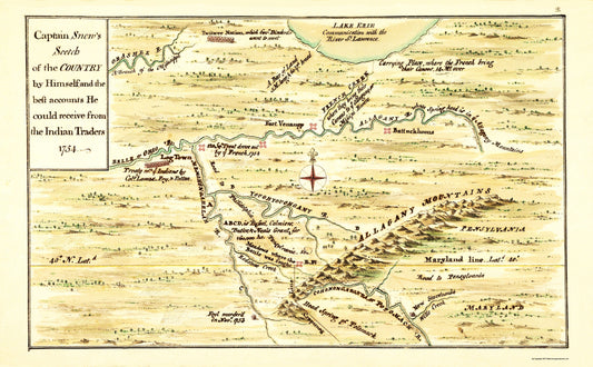 Historic Revolutionary War Map - Captain Snows Country Sketch - Snow 1754 - 23 x 28.12 - Vintage Wall Art