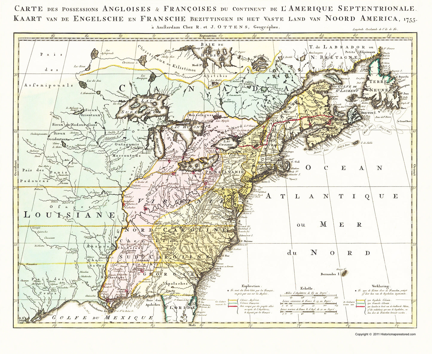 Historic Revolutionary War Map - North America English French Possessions - Ottens 1755 - 23 x 31 - Vintage Wall Art