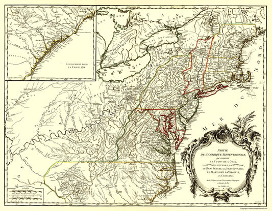 Historic Revolutionary War Map - North America Northeastern Coast - Vaugondy 1755 - 23 x 37.15 - Vintage Wall Art