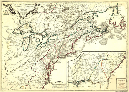 Historic Revolutionary War Map - Canada Louisiana English French Possessions - 1756 - 23 x 29 - Vintage Wall Art