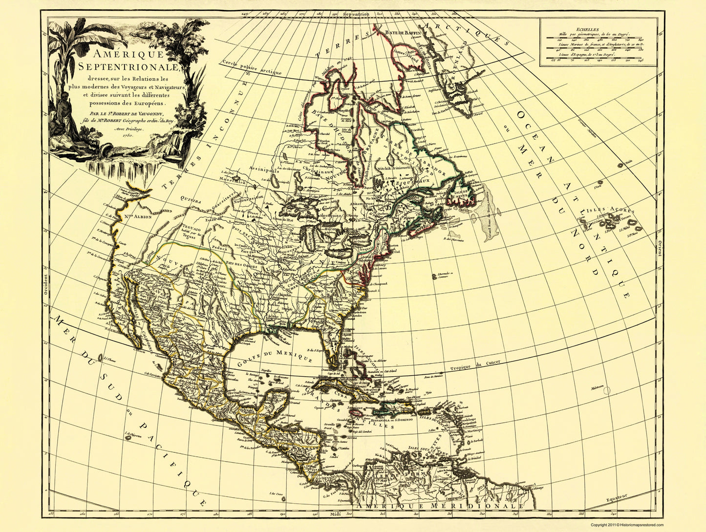 Historic Revolutionary War Map - North America European Possessions - Vaugondy 1750 - 23 x 37 - Vintage Wall Art