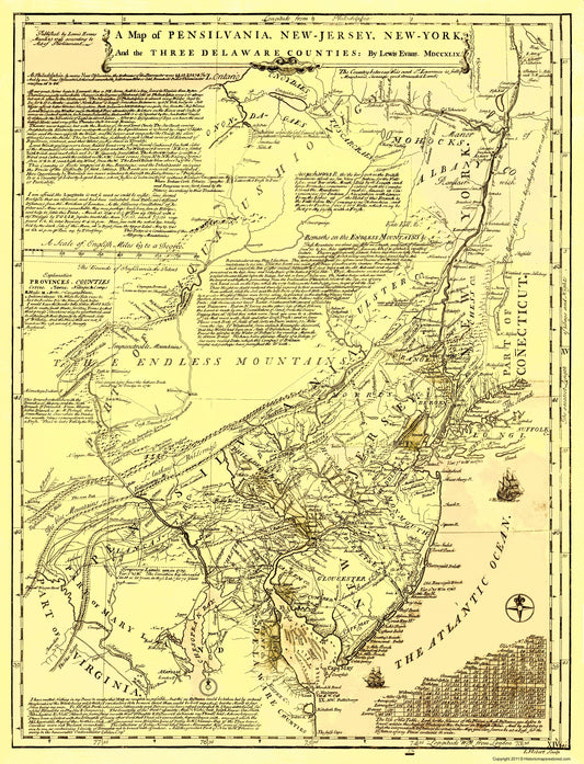 Historic Revolutionary War Map - Pennsylvania New York New Jersey Delaware - Evans 1749 - 23 x 30 - Vintage Wall Art