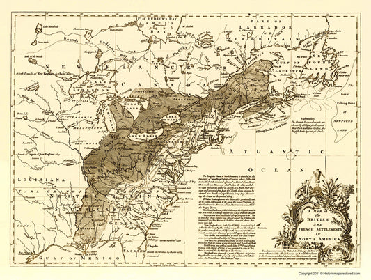 Historic Revolutionary War Map - British French Settlements 1750 - 23 x 28 - Vintage Wall Art