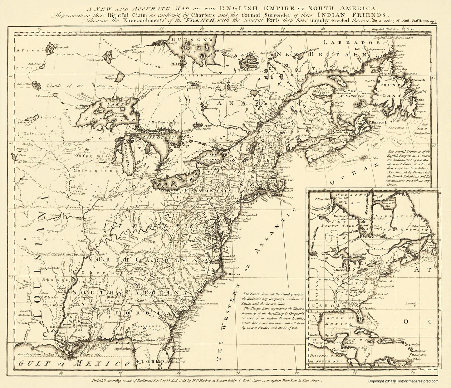 Historic Revolutionary War Map - English Empire French Encroachments - Herbert 1755 - 23 x 30 - Vintage Wall Art