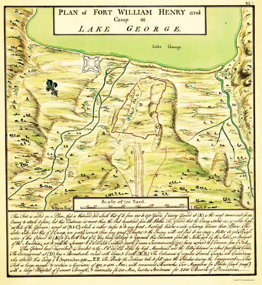 Historic War Map - Fort William Henry Lake George Plan - Eyre 1750 - 23 x 25.04 - Vintage Wall Art