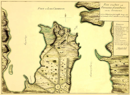 Historic Revolutionary War Map - Fort Fortresses Crown Point - 1759 - 27 x 23 - Vintage Wall Art