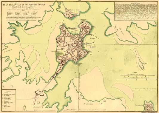 Historic Revolutionary War Map - Boston City Plan Port - Bellin 1735 - 23 x 24.38 - Vintage Wall Art