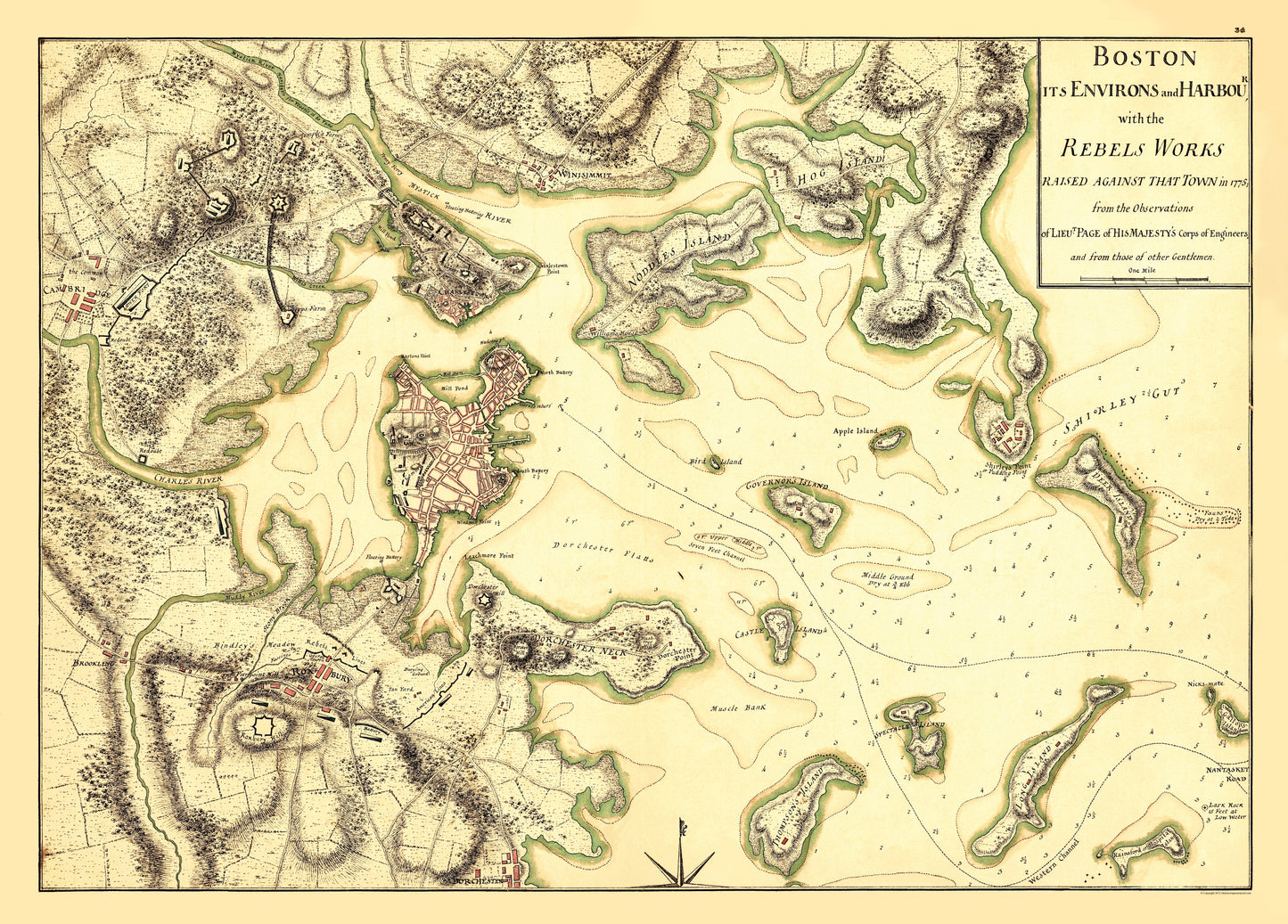 Historic Revolutionary War Map - Boston Harbour Environs - Page 1775 - 23 x 31.34 - Vintage Wall Art