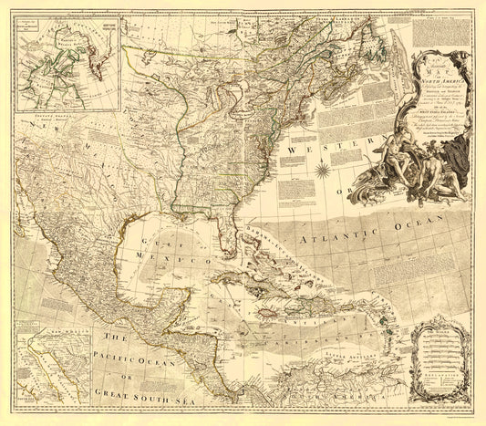 Historic War Map - North America British Spanish Dominions - Bowen 1763 - 23 x 26.25 - Vintage Wall Art