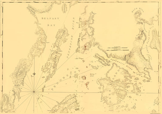 Historic Revolutionary War Map - Blue Hill Belfast Bays Maine - Des Barres 1770 - 23 x 32.75 - Vintage Wall Art