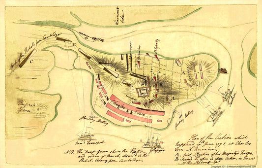 Historic Revolutionary War Map - Charles Town Action June 17th - Page 1775 - 23 x 32 - Vintage Wall Art