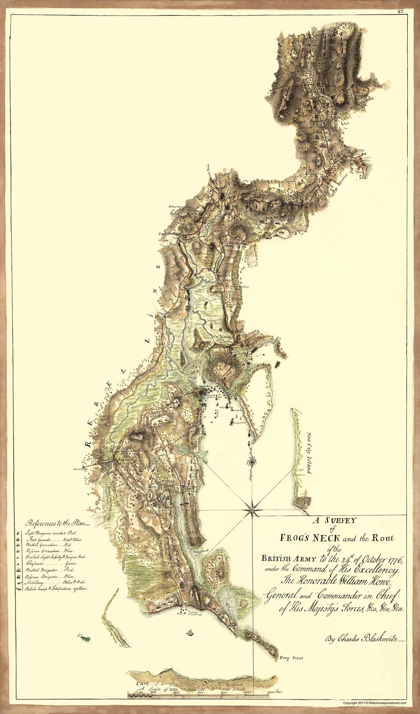 Historic Revolutionary War Map - Frogs Neck Survey British Army Route - Blaskowitz 1776 - 23 x 30 - Vintage Wall Art