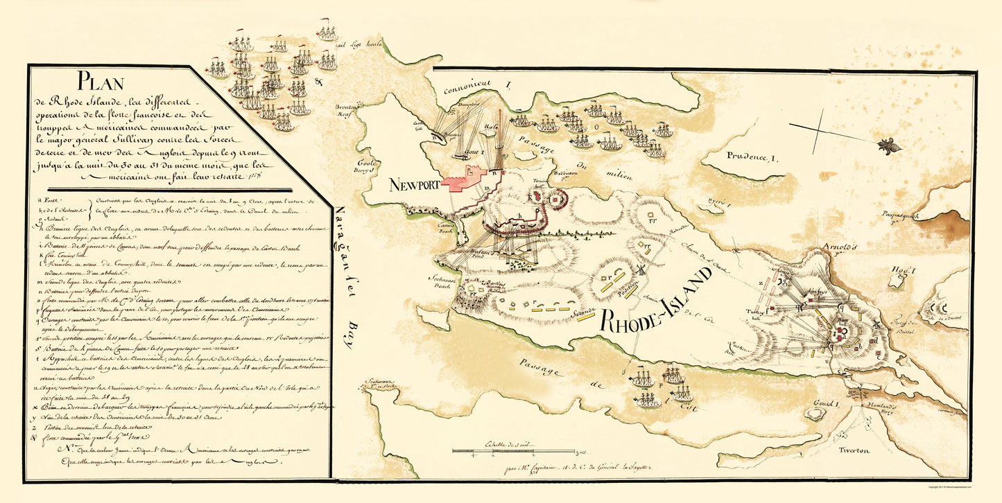 Historic Revolutionary War Map - Rhode Island - Lafayette 1778 - 23 x 45.77 - Vintage Wall Art