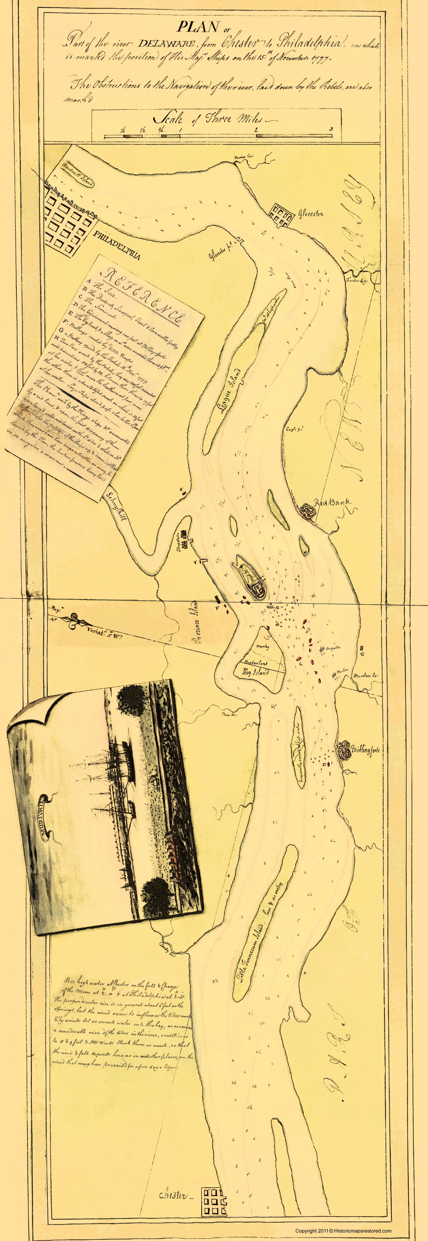 Historic Revolutionary War Map - Delaware River Majestys Ships Position Nov 15 1777 - Hunter 1778 - 23 x 66.55 - Vintage Wall Art