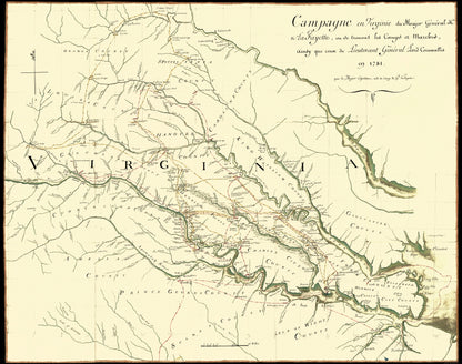 Historic Revolutionary War Map - Virginia Major General Lafayette Campaign - Michel 1781 - 23 x 26 - Vintage Wall Art