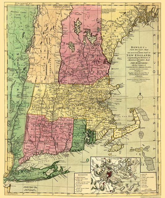 Historic Revolutionary War Map - New England Inhabited Part - Bowles 1780 - 23 x 29.18 - Vintage Wall Art
