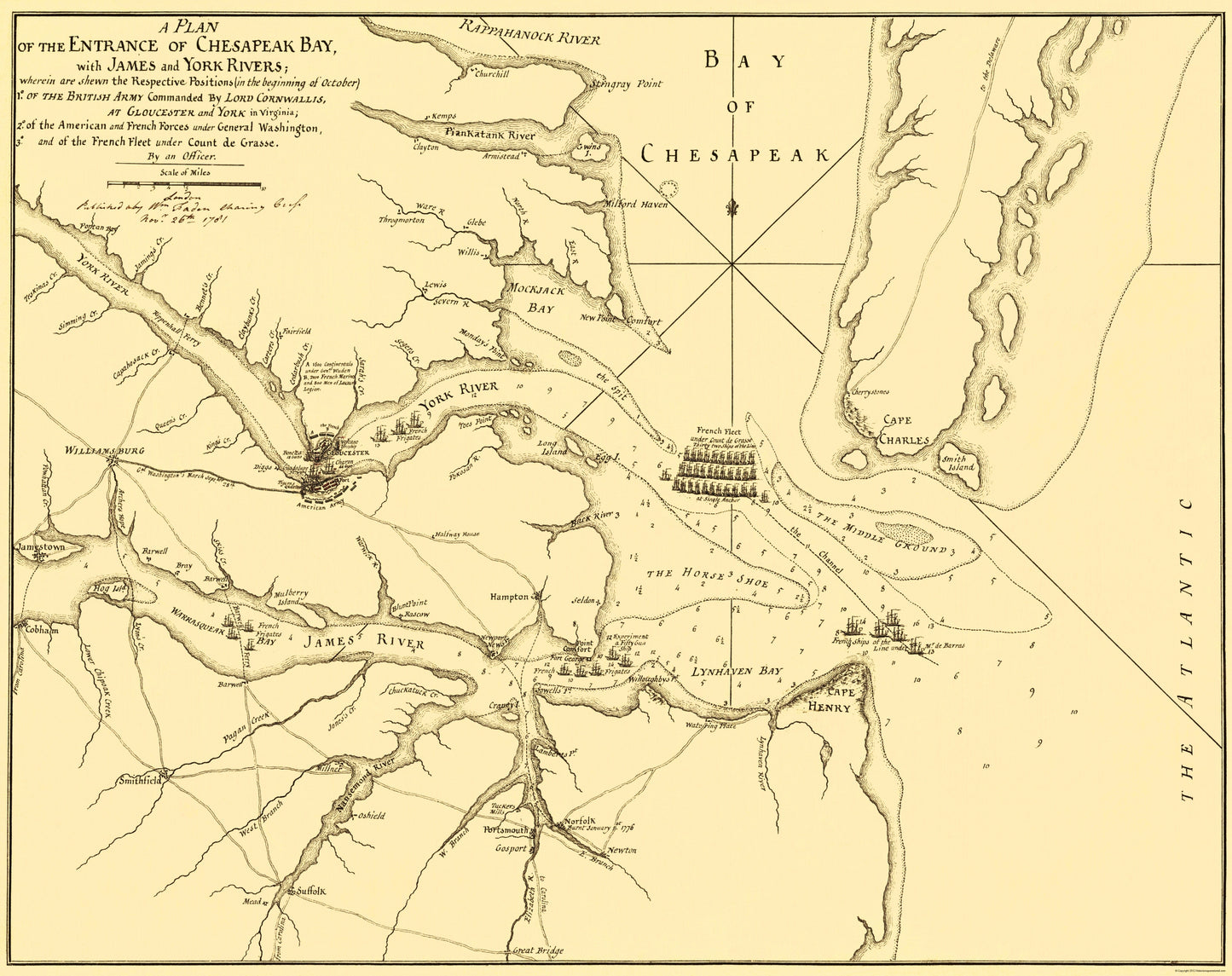 Historic Revolutionary War Map - James York Rivers Chesapeak Bay - Faden 1781 - 23 x 27 - Vintage Wall Art