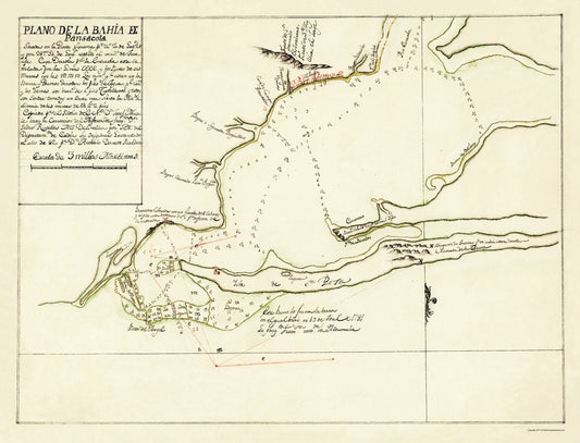 Historic Revolutionary War Map - Pensacola Bay Florida - Paredes 1780 - 23 x 36.30 - Vintage Wall Art