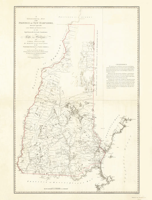 Topographical Map - New Hampshire Province - Holland 1784 - 23 x 30.19 - Vintage Wall Art