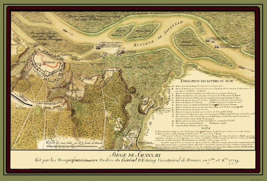 Historic Revolutionary War Map - Savannah Georgia Siege - Ozanne 1779 - 23 x 32.39 - Vintage Wall Art
