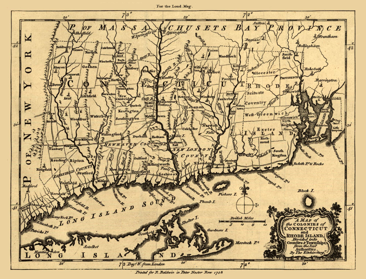 Historic State Map - Connecticut Rhode Island - Kitchin 1758 - 30.15 x 23 - Vintage Wall Art