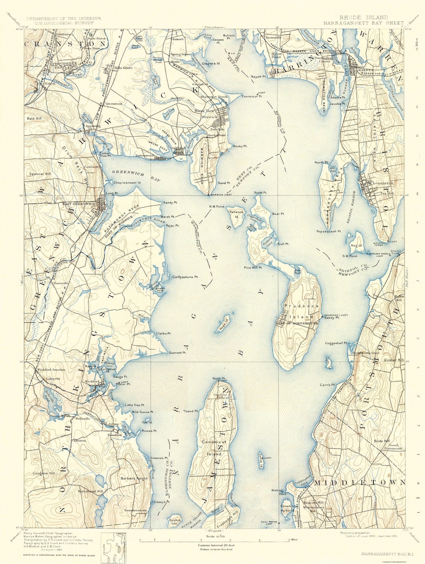 Topographical Map - Narragansett Rhode Island Sheet - USGS 1892 - 23 X 30.46 - Vintage Wall Art