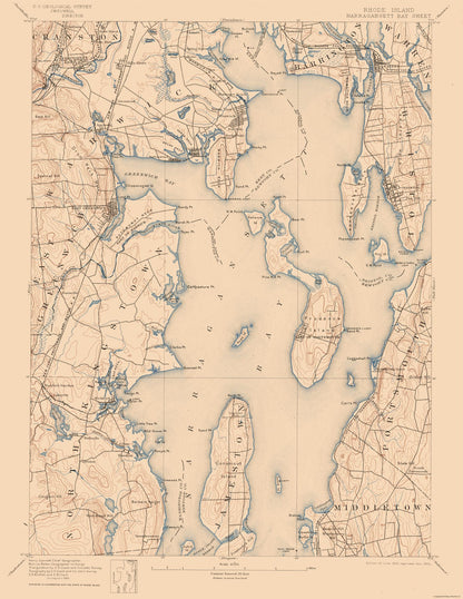 Topographical Map - Narragansett Bay Rhode Island Sheet - USGS 1892 - 23 x 29.75 - Vintage Wall Art