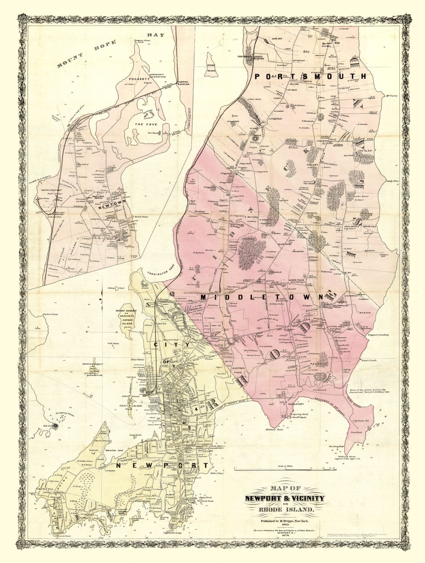 Historic City Map - Newport Rhode Island - Dripps 1870 - 23 x 30.48 - Vintage Wall Art