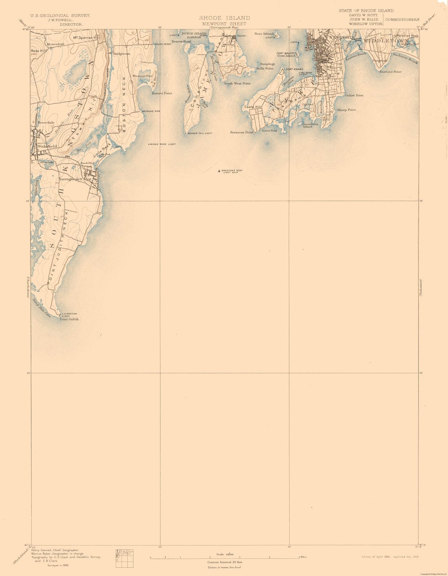 Topographical Map - Newport Rhode Island Sheet - USGS 1894 - 23 x 29.52 - Vintage Wall Art