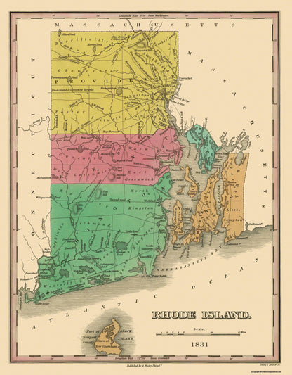 Historic State Map - Rhode Island - Finley 1831 - 23 x 29.5 - Vintage Wall Art