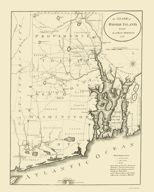 Historic State Map - Rhode Island - Reid 1796 - 23 x 28.61 - Vintage Wall Art