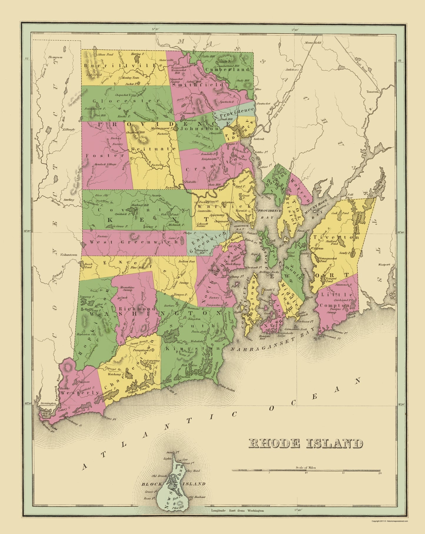 Historic State Map - Rhode Island - Strong 1841 - 23 x 28.87 - Vintage Wall Art