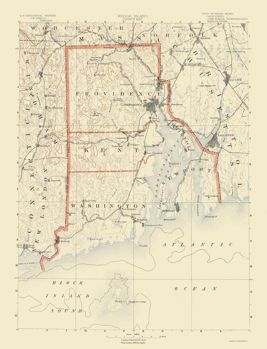 Topographical Map - Rhode Island Counties - USGS 1891 - 23 x 30.02 - Vintage Wall Art