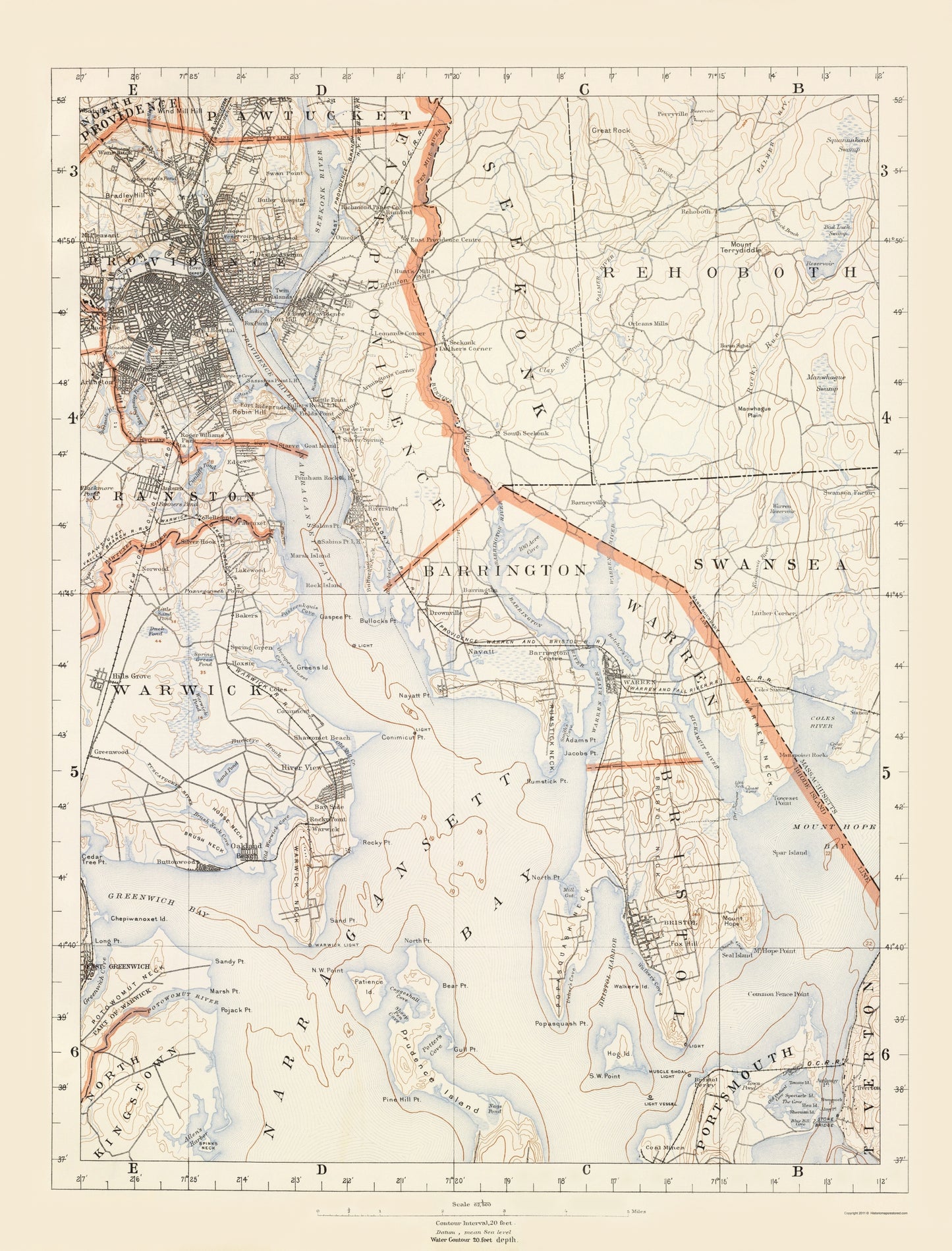 Topographical Map - Rhode Island Sheet 3 - USGS 1891 - 23 x 30.23 - Vintage Wall Art