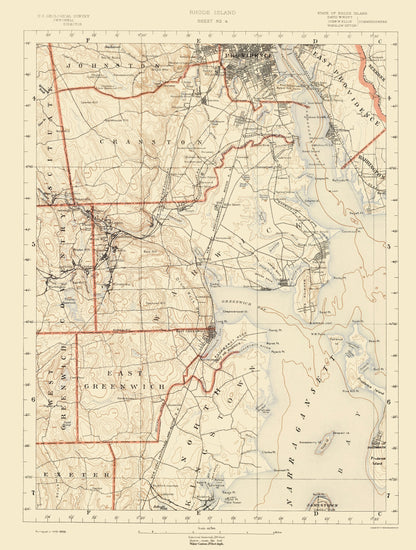 Topographical Map - Rhode Island Sheet 4 - USGS 1891 - 23 x 30.42 - Vintage Wall Art