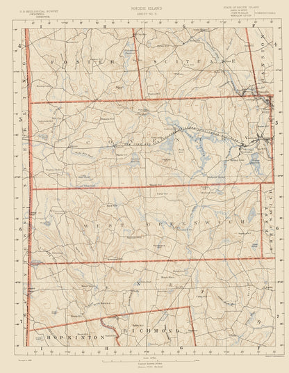 Topographical Map - Rhode Island Sheet 5 - USGS 1891 - 23 x 29.65 - Vintage Wall Art