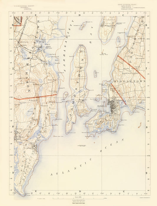 Topographical Map - Rhode Island Sheet 7 - USGS 1891 - 23 x 30.14 - Vintage Wall Art