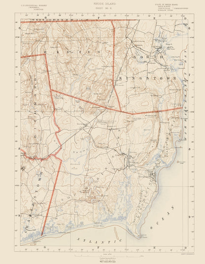 Topographical Map - Rhode Island Sheet 8 - USGS 1891 - 23 x 29.66 - Vintage Wall Art