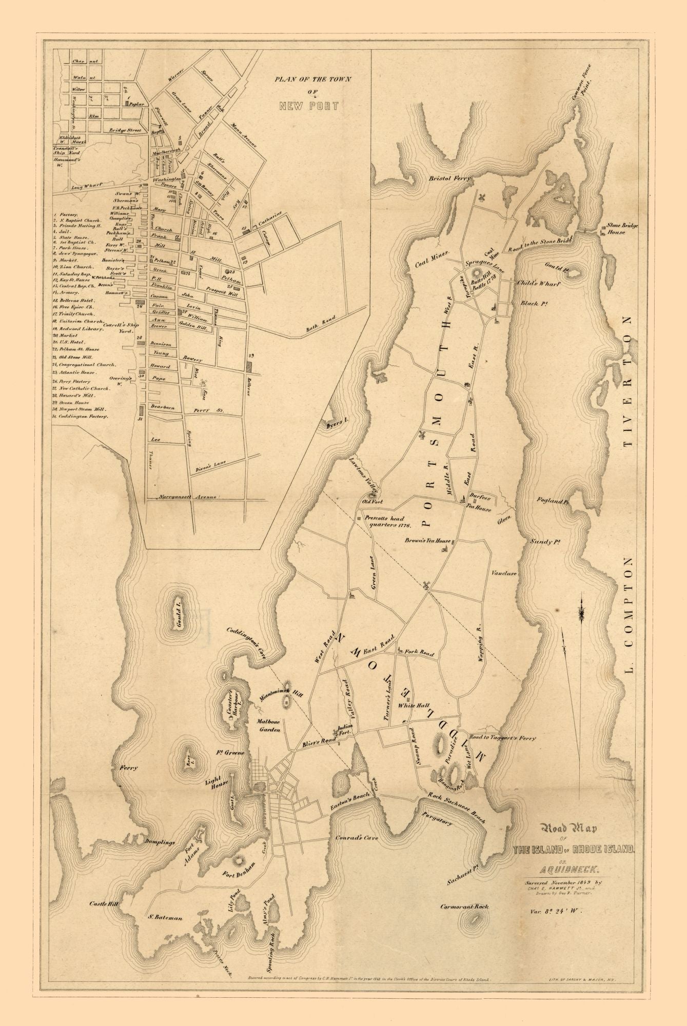 Historic State Map - Rhode Island - Hammett 1849 - 23 x 34.37 - Vintage Wall Art