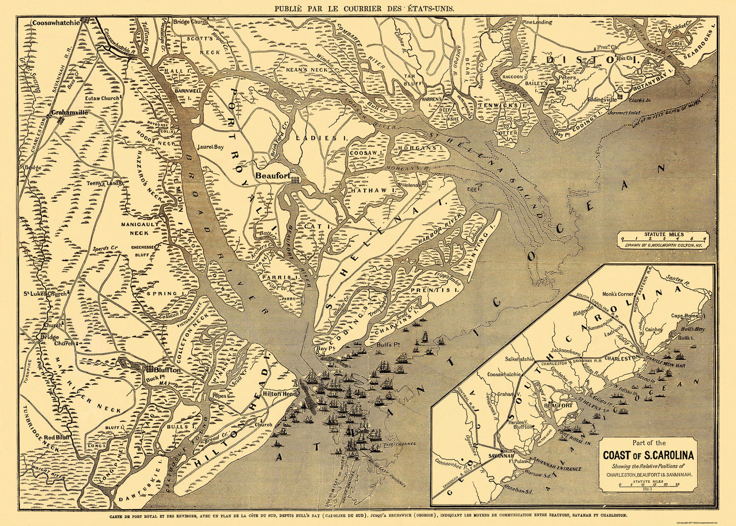 Historic City Map - Beaufort Savannah Charleston South Carolina - Colton 1863 - 32.19 x 23 - Vintage Wall Art