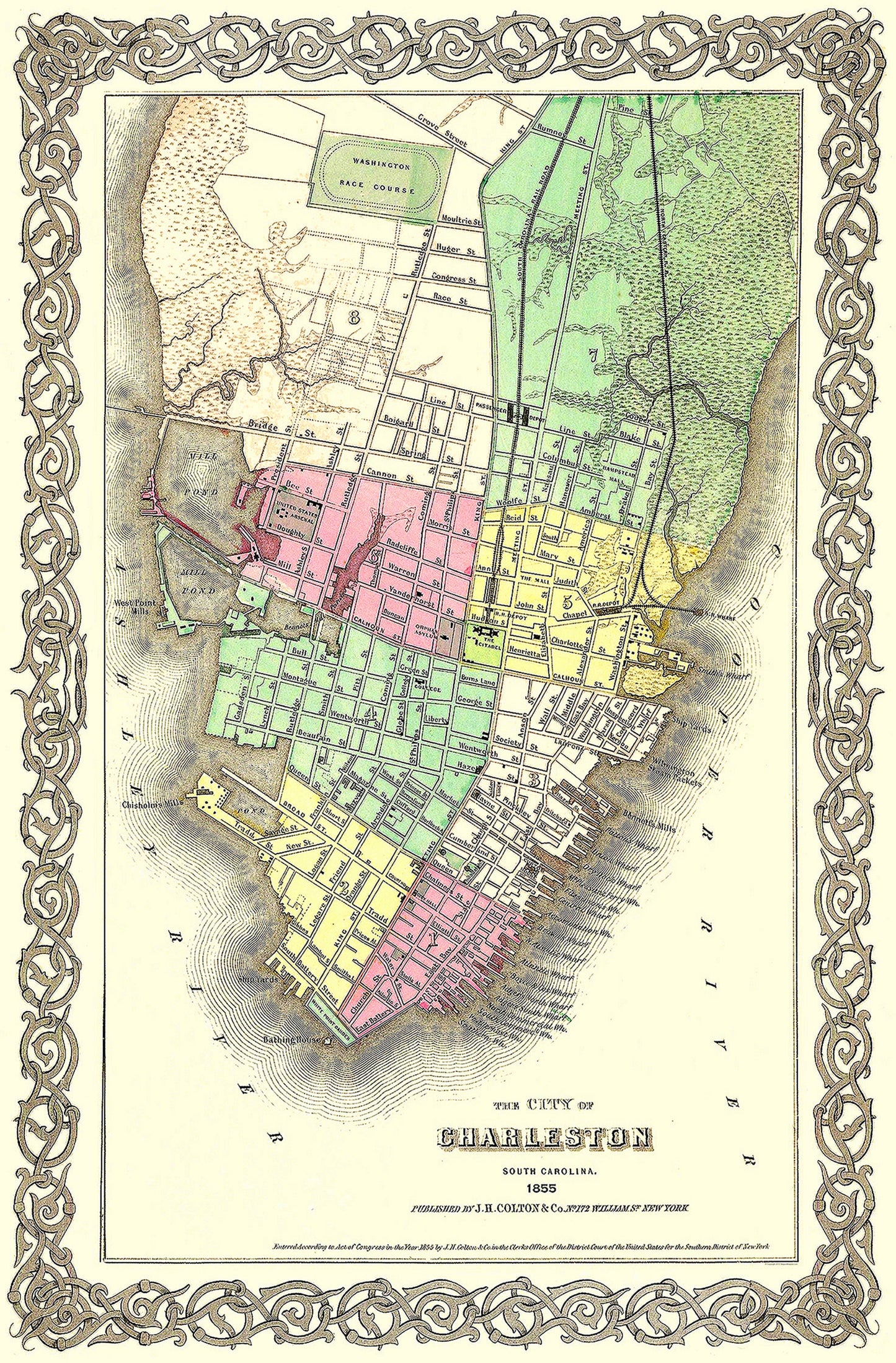 Historic City Map - Charleston South Carolina - Colton 1855 - 23 x 35 - Vintage Wall Art