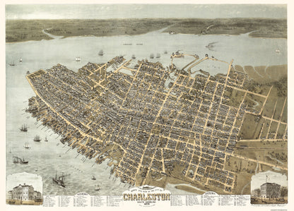 Historic Panoramic View - Charleston South Carolina - Drie 1872 - 32 x 23 - Vintage Wall Art