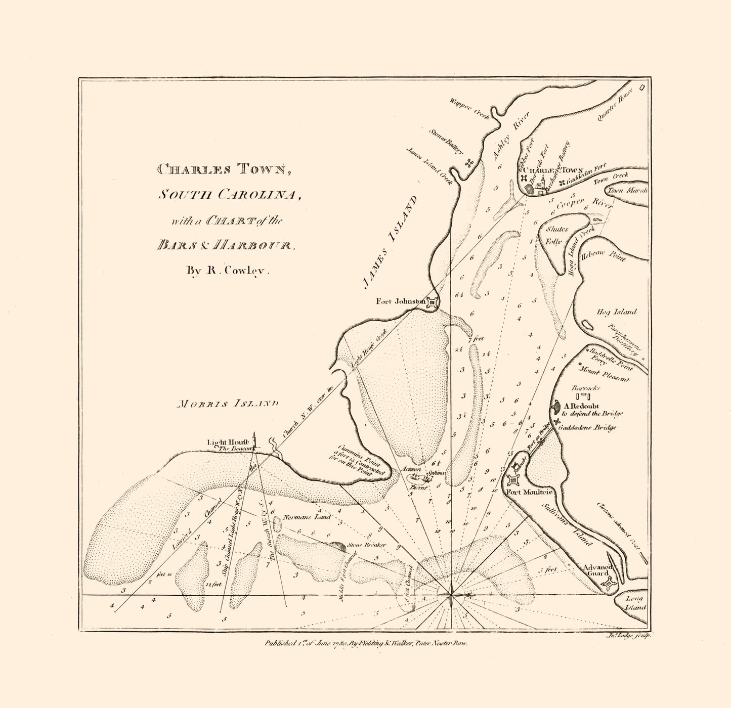 Historic City Map - Charles Town South Carolina - Cowley 1780 - 23.74 x 23 - Vintage Wall Art