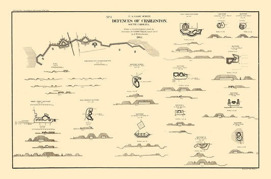 Historical Civil War Map - Charleston Coastal Defences - Willenbucher 1865 - 34.92 x 23 - Vintage Wall Art