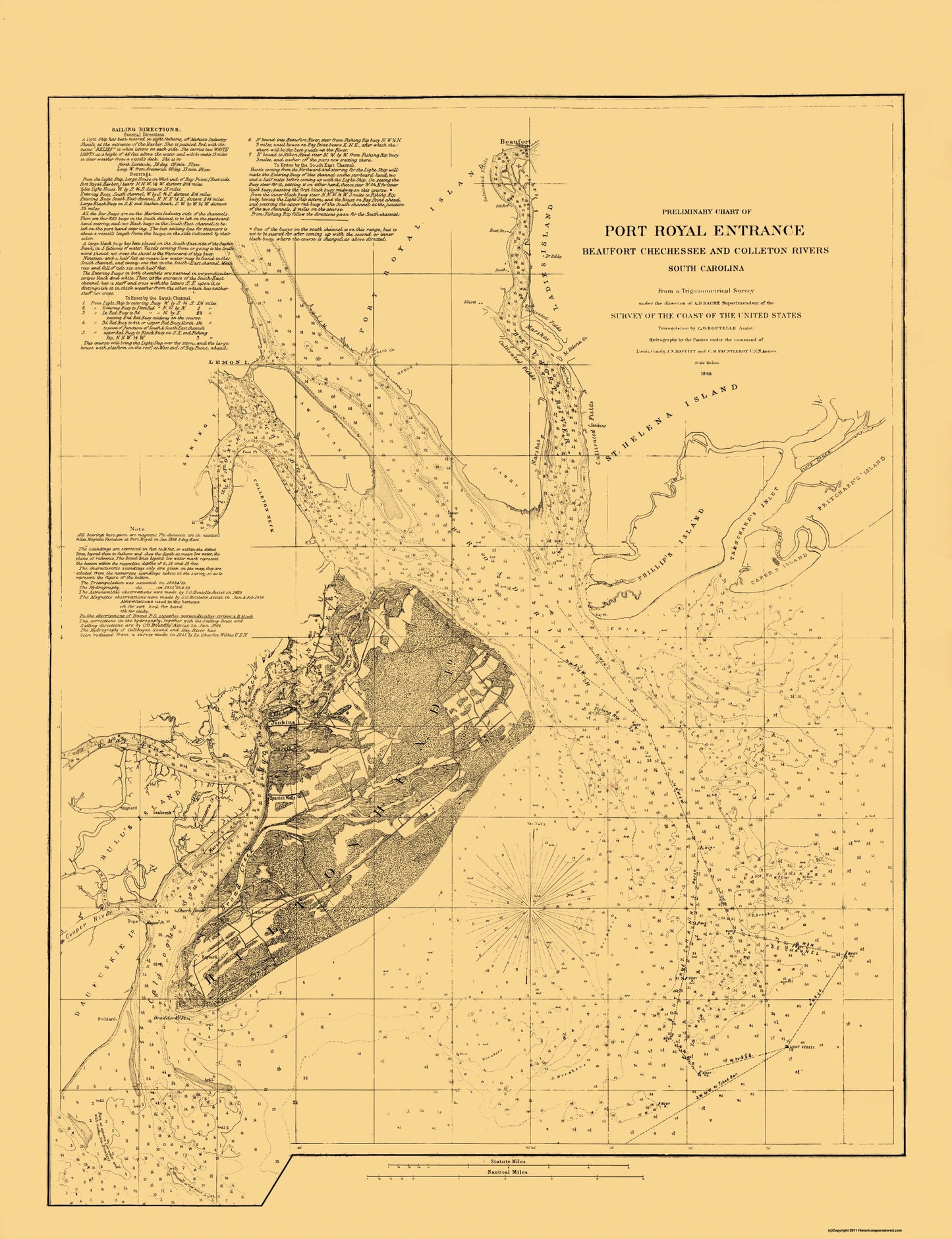 Historic City Map - Hilton Head Island South Carolina Ship Channel - Bache 1862 - 23 x 29.94 - Vintage Wall Art